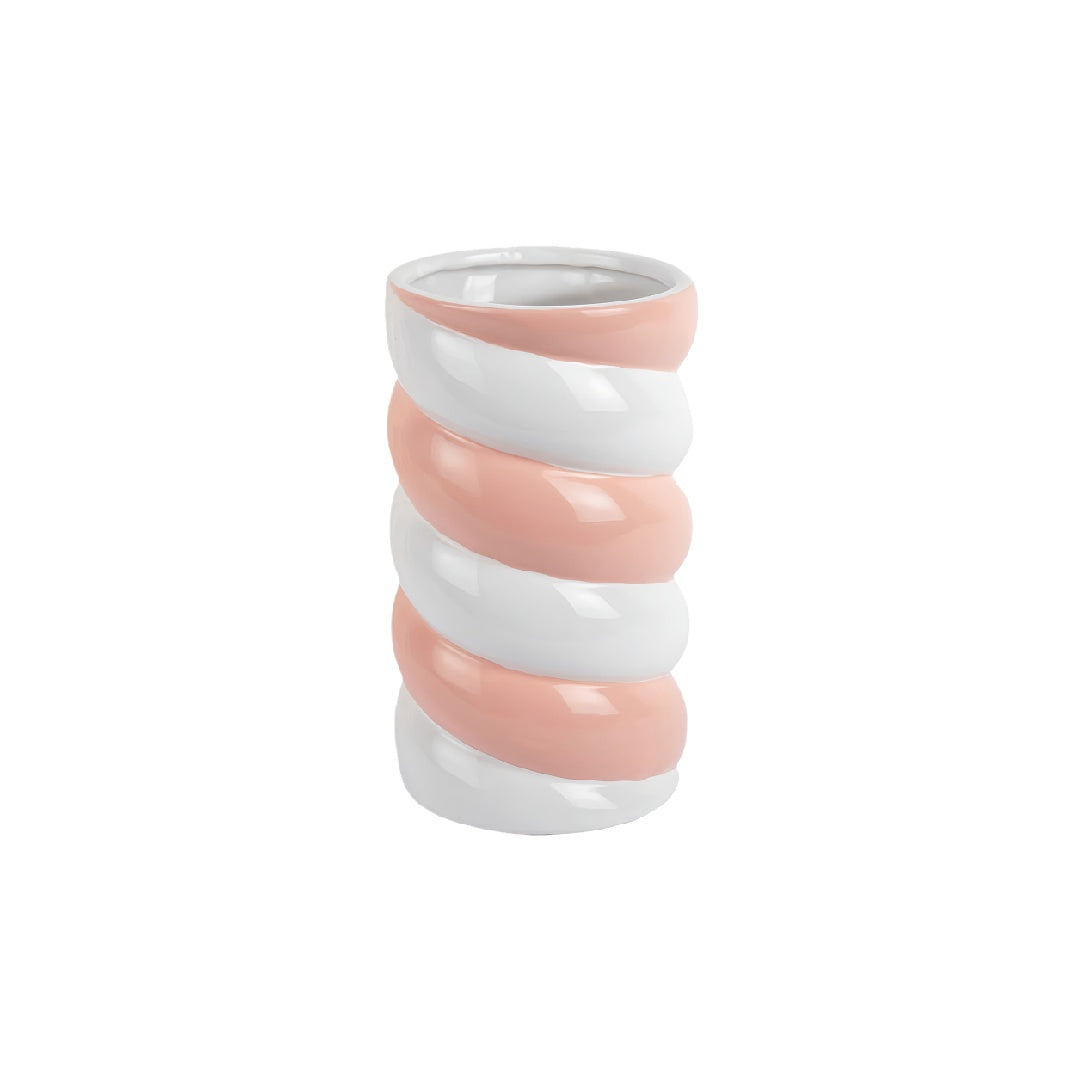 Modern Spiral Twist Ceramic Vase - Pink and White Striped Decorative Flower Holder