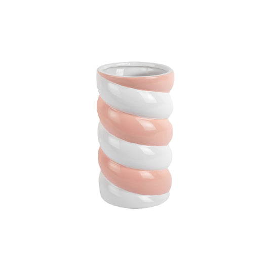 Modern Spiral Twist Ceramic Vase - Pink and White Striped Decorative Flower Holder