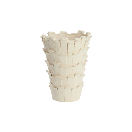 Tiered Architectural Ceramic Planter - Matte Cream Stacked Texture Decorative Pot