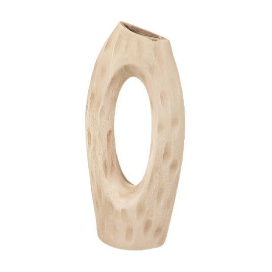 Modern Organic Hollow Ceramic Vase - Textured Sand Beige Sculptural Ring Vase